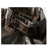 buttoning neck on vintage protective leather jacket for men